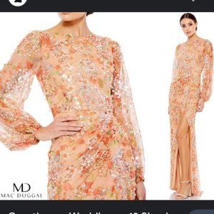 NWT MAC DUGGAL APRICOT FLORAL PRINT SEQUINED PUFF SLEEVE LONG GOWN 93547